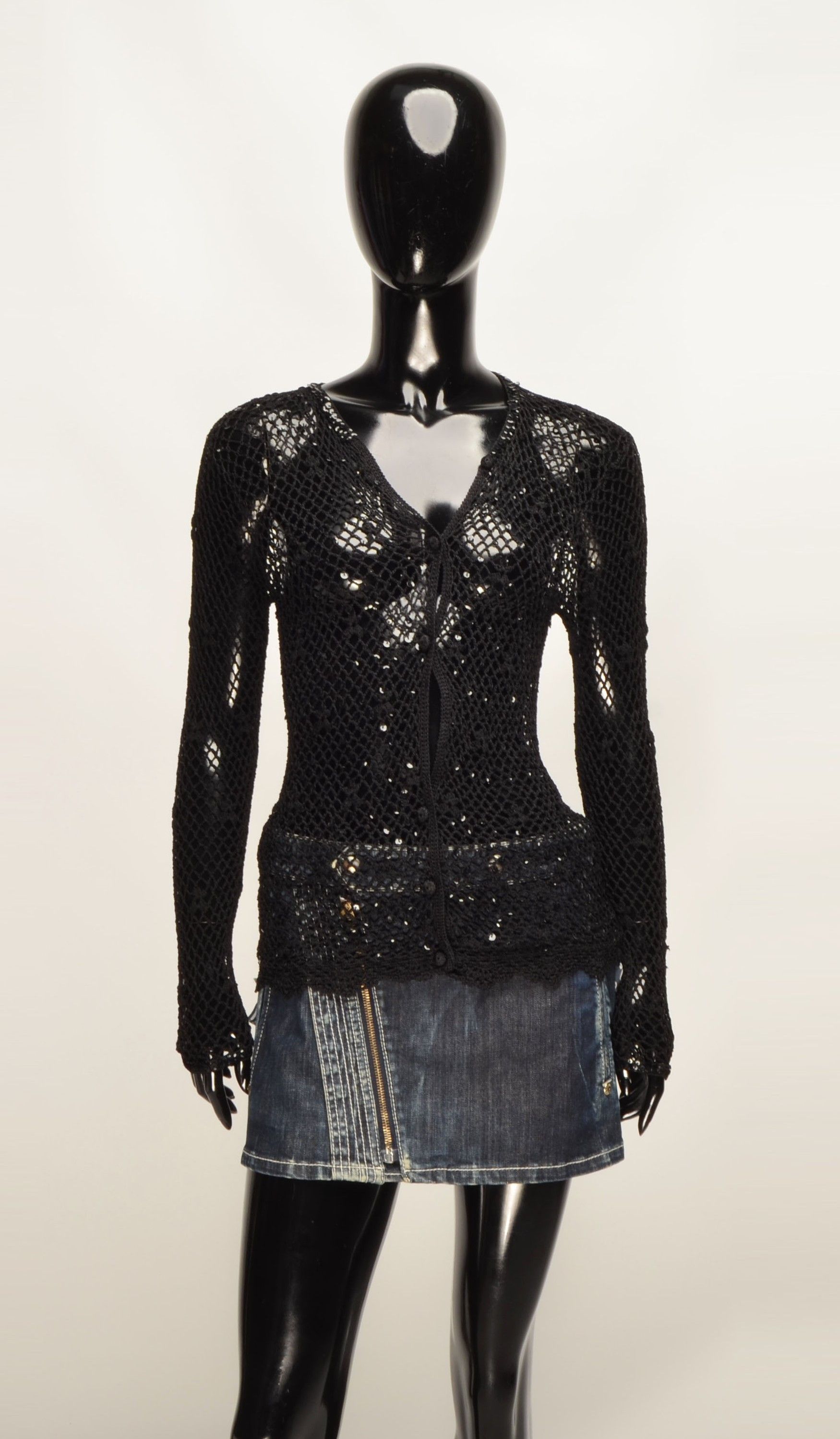Designer Vintage Background Y2K Crochet Knit Black Cardigan Size L / US 10 / IT 46 - 1 Thumbnail