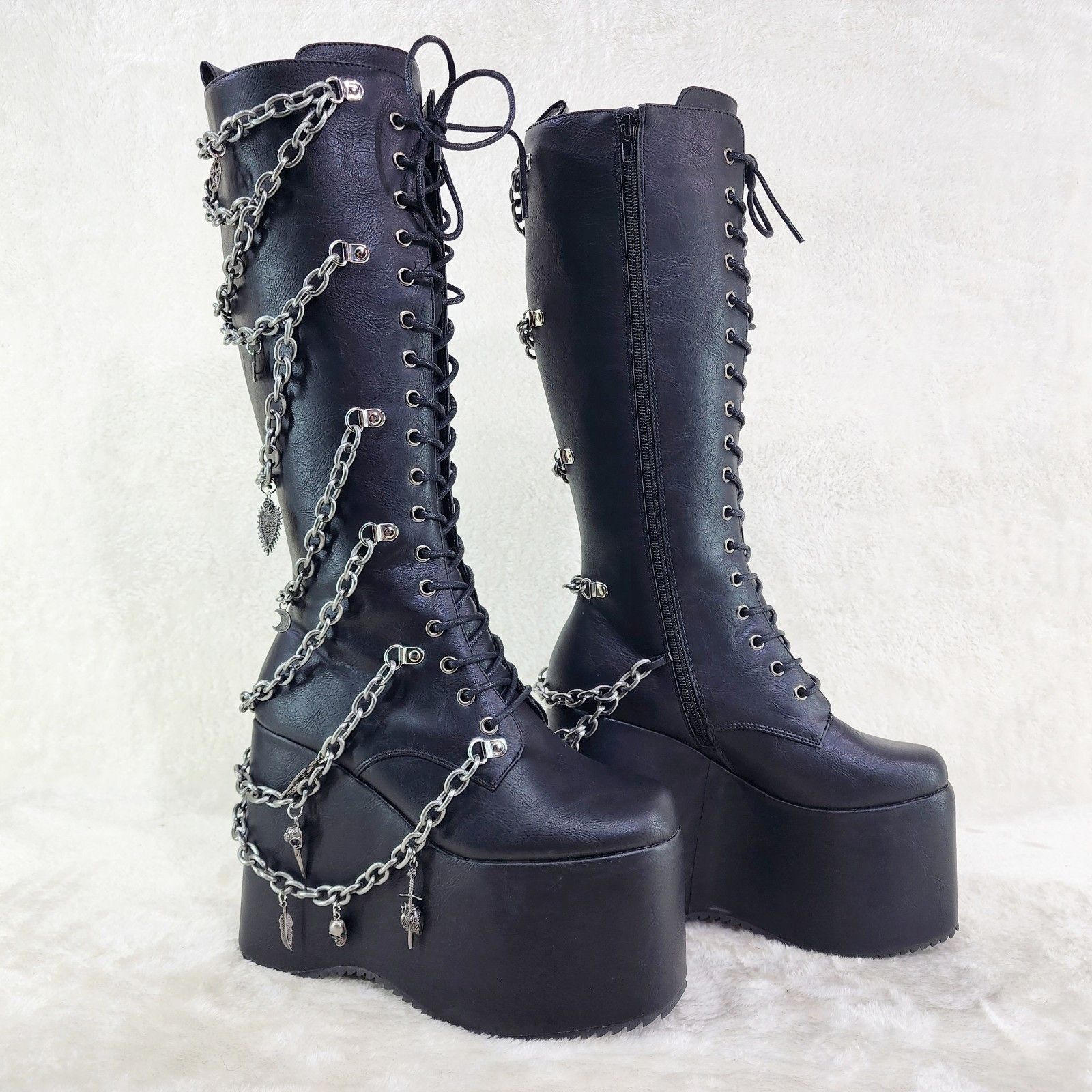 Other Black Goth Knee Boot 6 " Wedge Platform Chains Charms Size US 11 / IT 41 - 3 Thumbnail