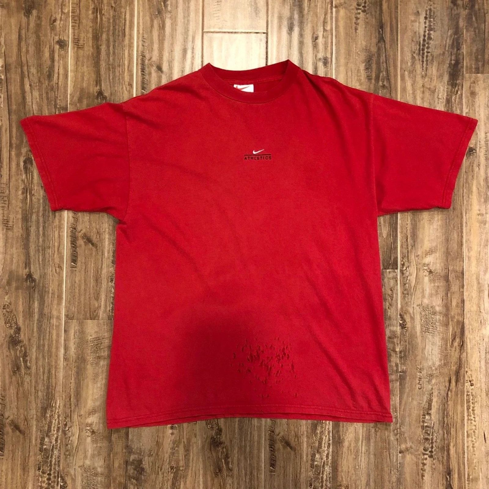 Nike × Vintage Vintage 90s Nike Center Swoosh Thrashed Tee Size US XL / EU 56 / 4 - 1 Thumbnail