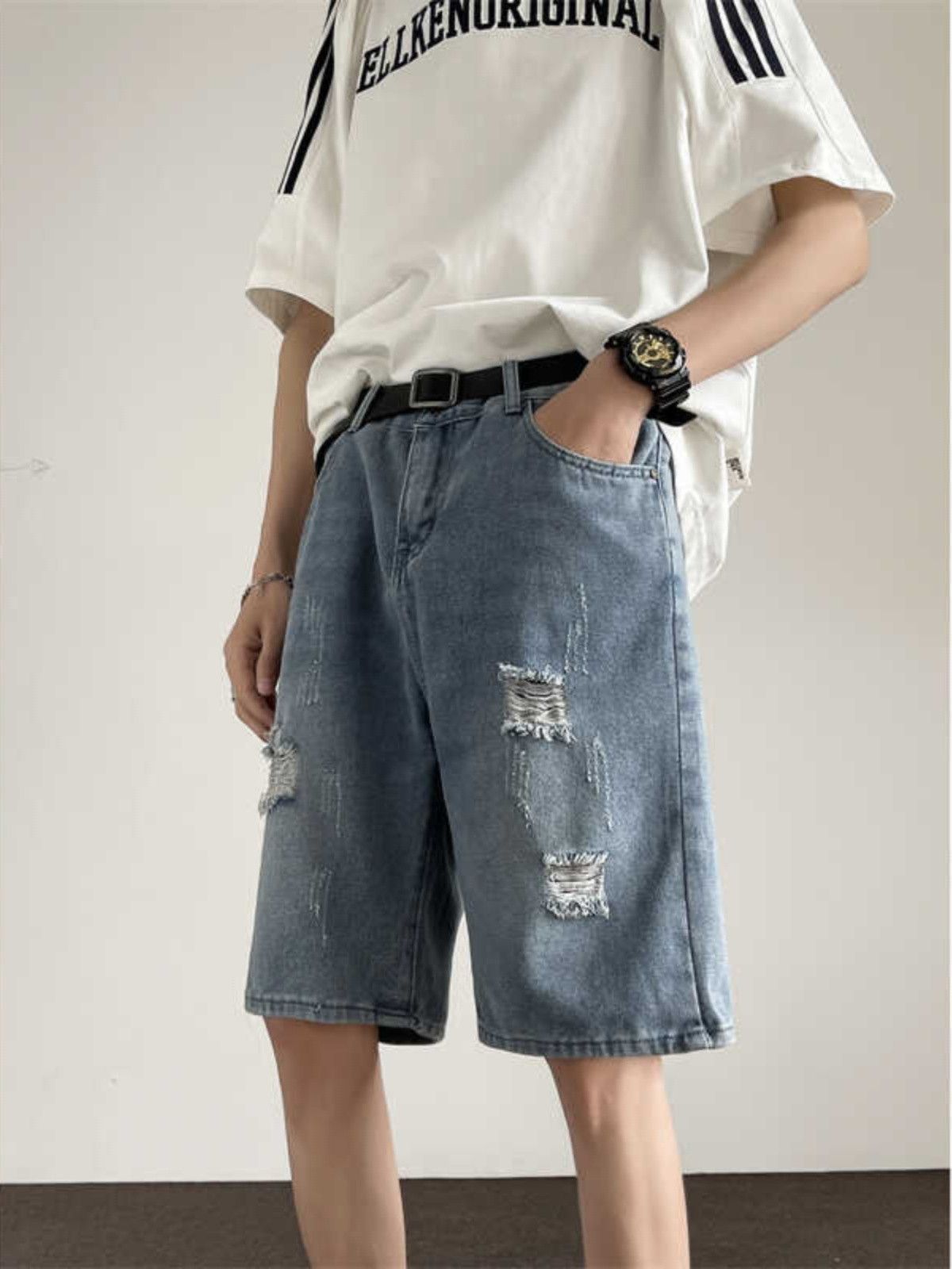 Japanese Brand × Jean Loose straight leg distressed denim shorts Size US 32 / EU 48 - 2 Thumbnail