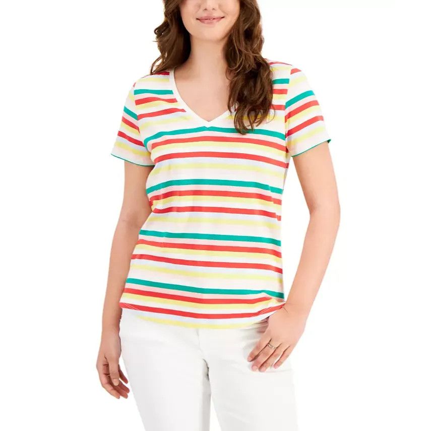 Style & Co Style & Co Plus Size Happy Stripes Cotton T-Shirt, OX Size ONE SIZE - 1 Thumbnail
