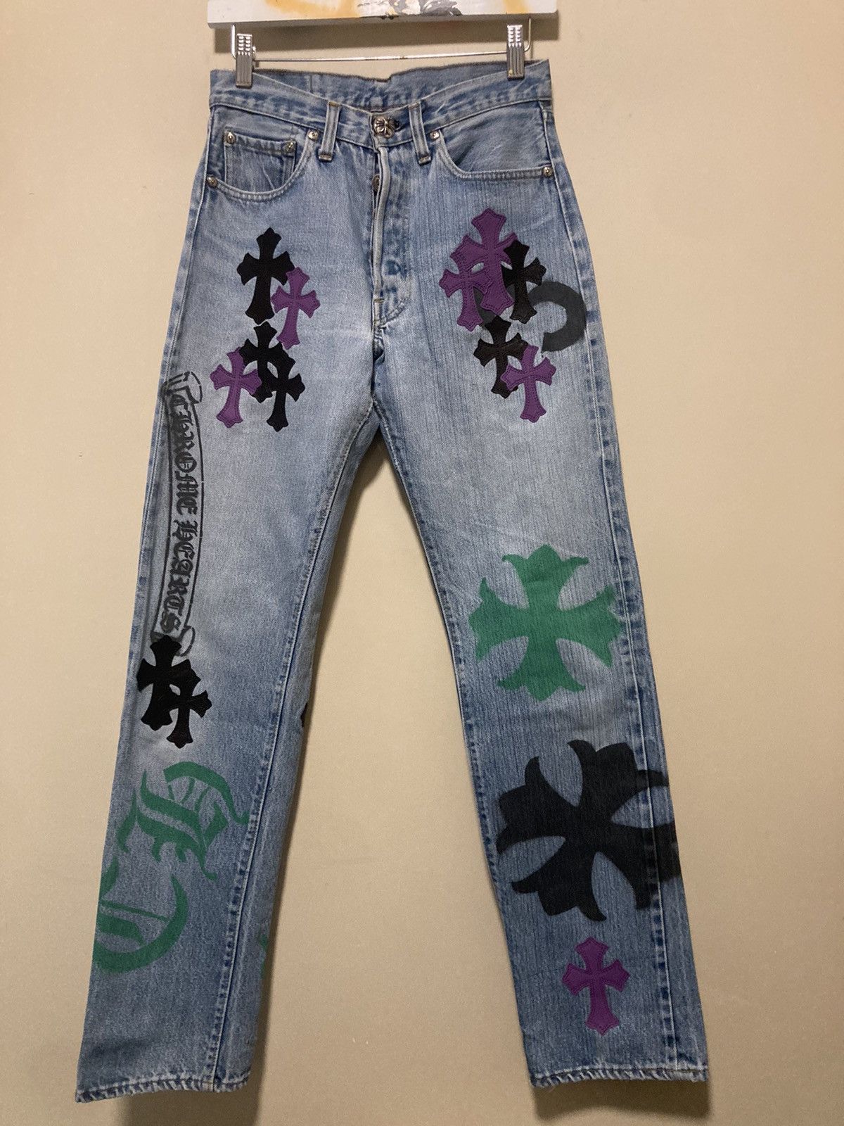 image of Chrome Hearts Vegas Exclusive Stencil Cross Patch Denim Sz27 in Blue, Men's