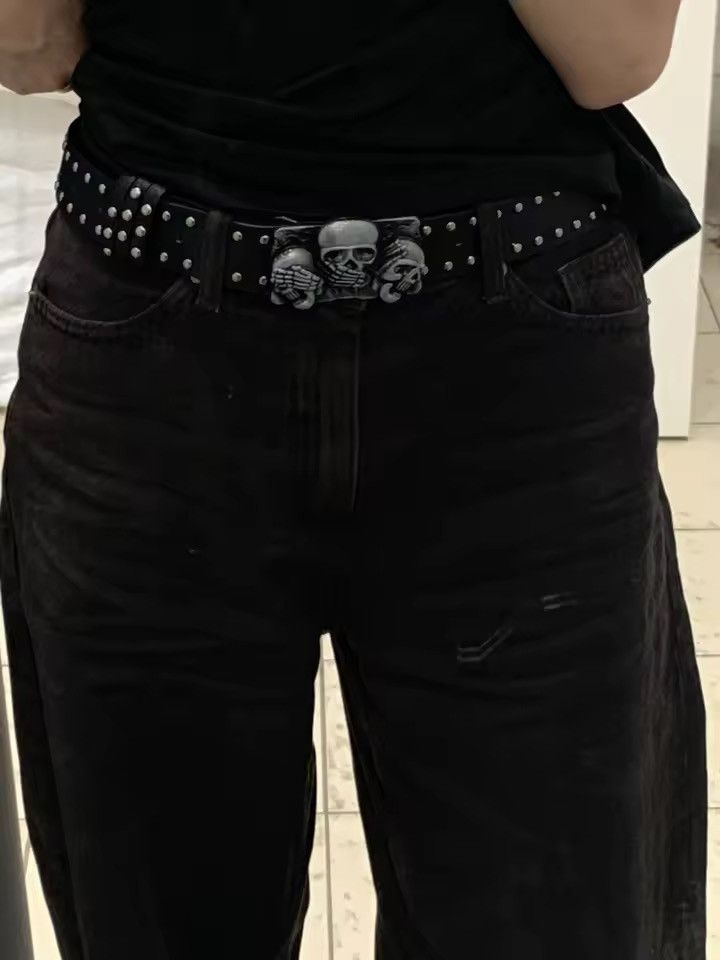Japanese Brand Punk Skull Studded Belt - Three Wise Skulls Buckle - Gothic Size 32 - 5 Thumbnail