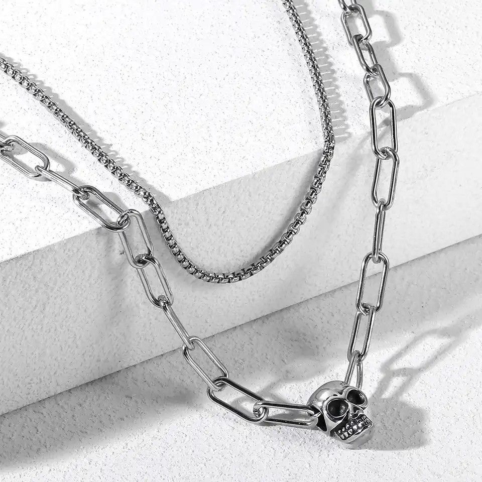 Jewelry Skull Double Layered Box Cable Link Charm Choker Necklace Size ONE SIZE - 3 Thumbnail