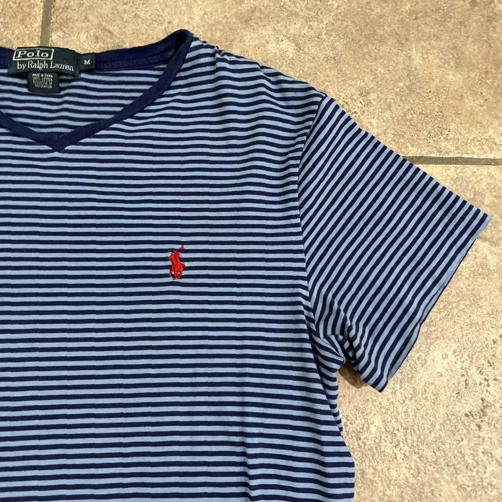 Polo Ralph Lauren VINTAGE Polo Ralph Lauren T-Shirt Striped Blue V-Neck Mens M Tee Blue 90s? Size US M / EU 48-50 / 2 - 2 Thumbnail