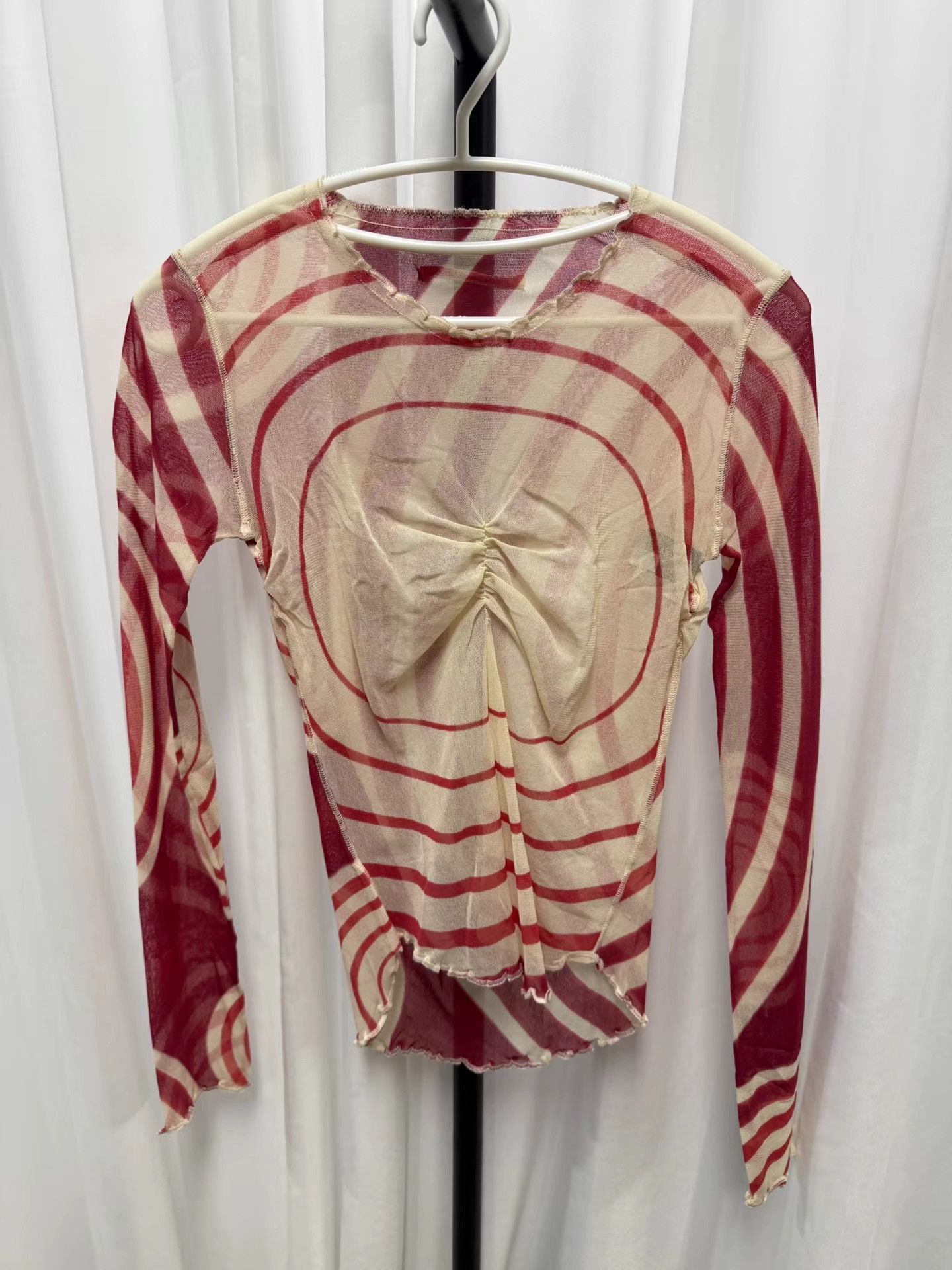 Jean Paul Gaultier Red Cream Striped Long Sleeve Mesh Top Size US L / EU 52-54 / 3 - 1 Thumbnail