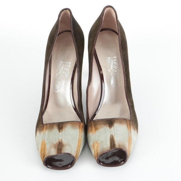 Salvatore Ferragamo‎ Peep-Toe Pumps in Tie-Dye Oliv