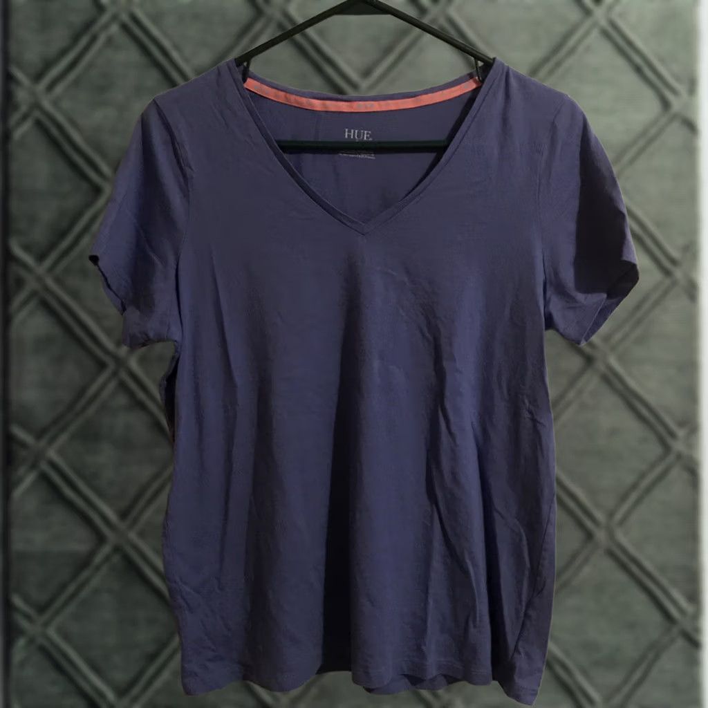 Vintage HUE Shirt Womens L Blue V-Neck Short Sleeve Pajama Top, Cotton Blend, Solid, Regular Size, Everyday 90s? Size L / US 10 / IT 46 - 1 Thumbnail