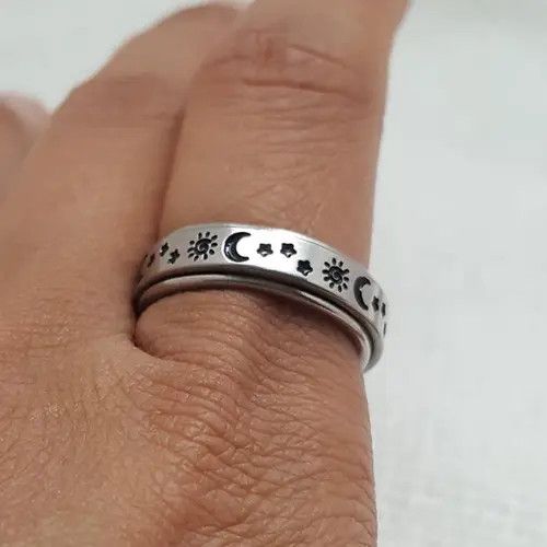 Vintage Silver & Black Spinner Moon Star Sun Ring Size - 12 RGN 738 Size ONE SIZE - 3 Thumbnail