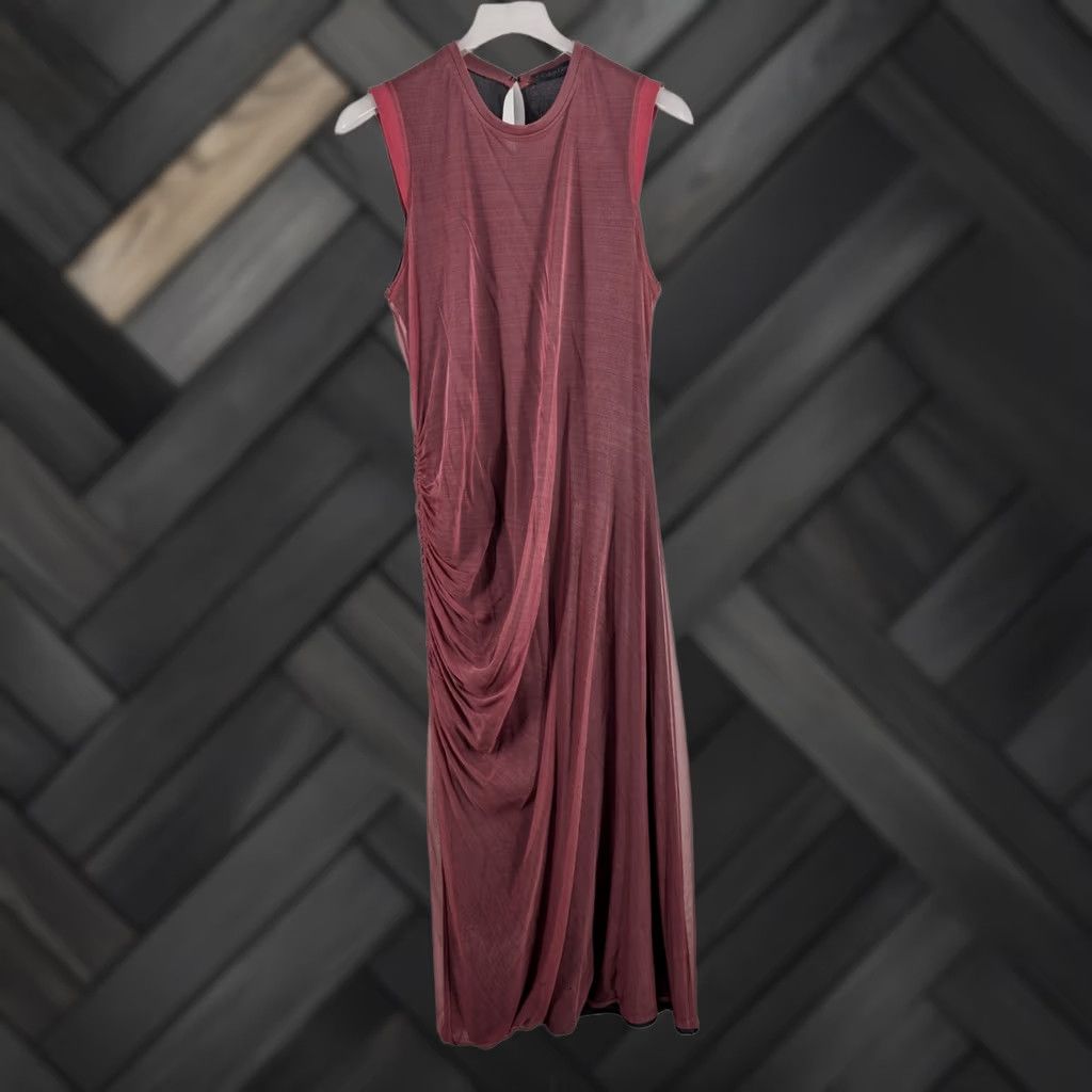 Vintage VINTAGE Calvin Klein Collection Silk Ruched Midi Dress Burgundy 6 Italy Runway Dress Size M / US 6-8 / IT 42-44 - 1 Thumbnail