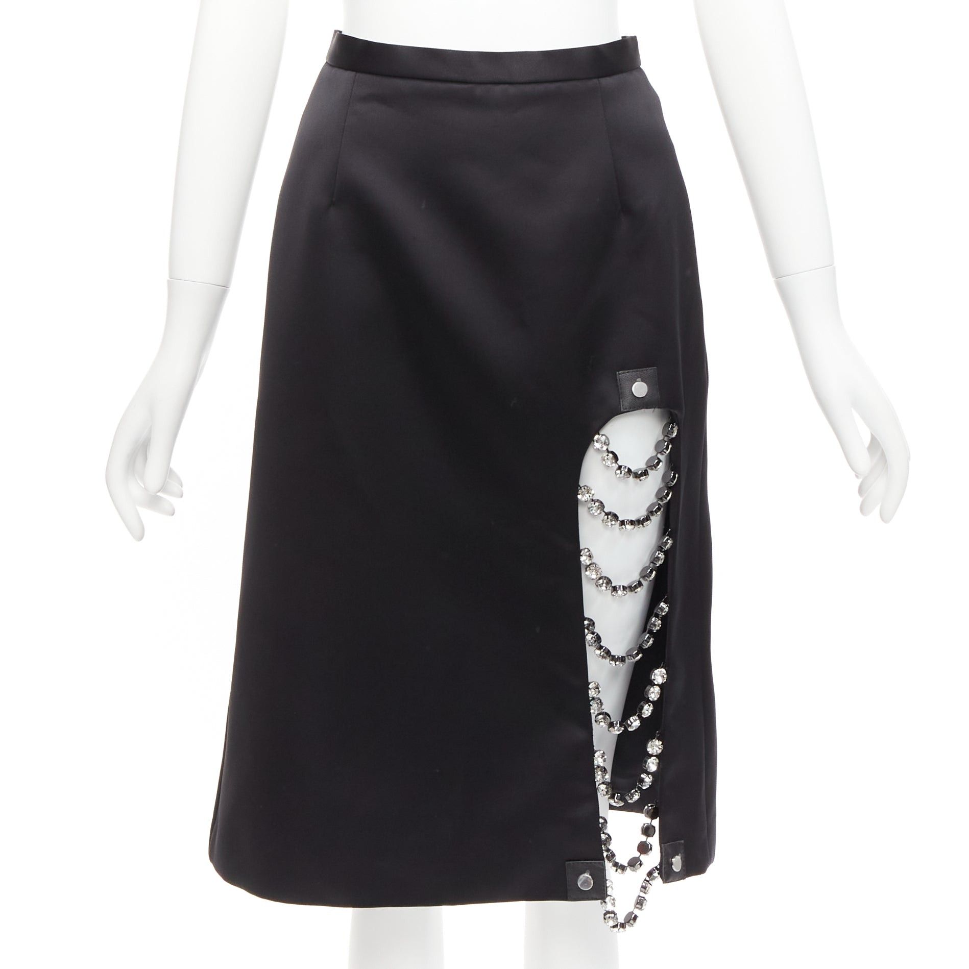 image of Christopher Kane 2019 Runway Black Satin Silver Jewel Chain Slit Skirt It38 Xs, Women's (Size 26)