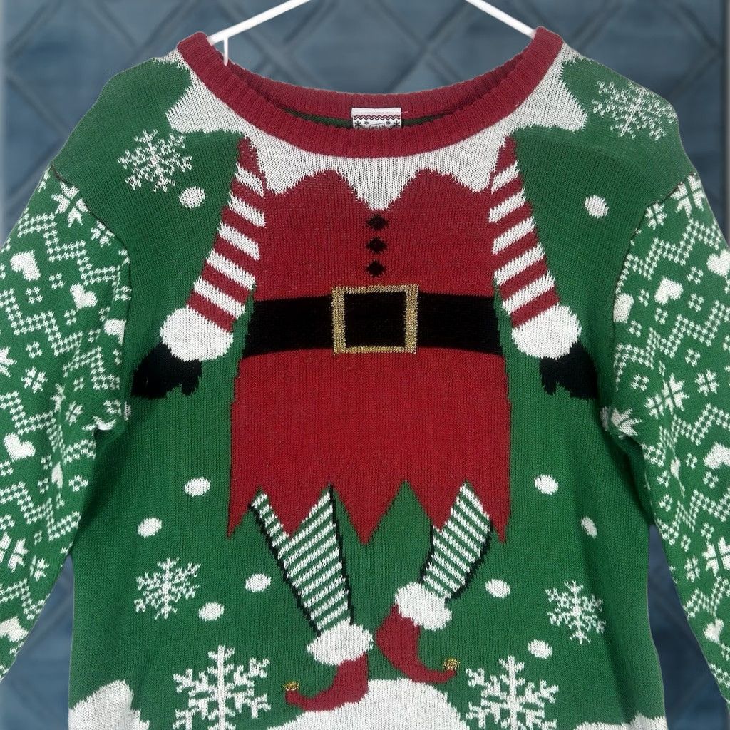 Vintage Ugly Christmas Sweater Womens XL Red Elf Santa Claus Well Worn Holiday Reindeer Blacked? Size XL / US 12-14 / IT 48-50 - 1 Thumbnail