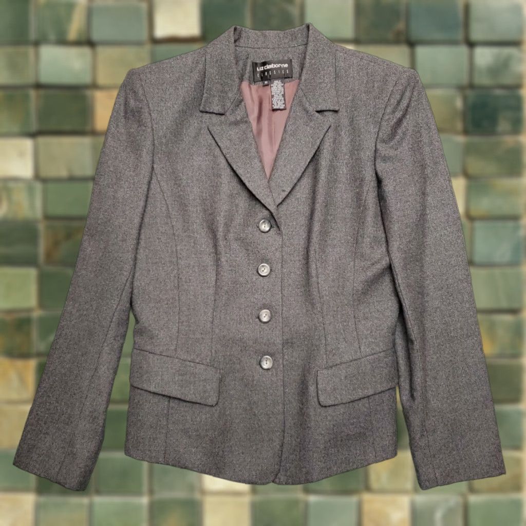 Liz Claiborne VINTAGE Liz Claiborne Blazer Womens 10 Gray Wool Jacket Lined USA Pockets Solid Button Casual Mens Womens Boys Girls Size L / US 10 / IT 46 - 1 Thumbnail