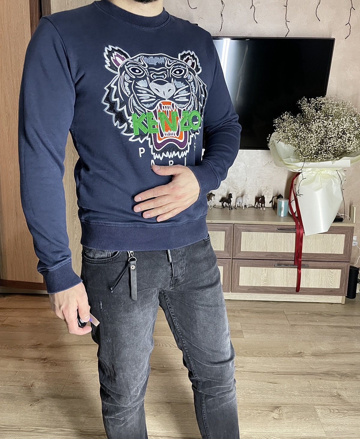 image of Kenzo Tiger Sweatshirt Navy Embroidered Logo, Men's (Size Small)