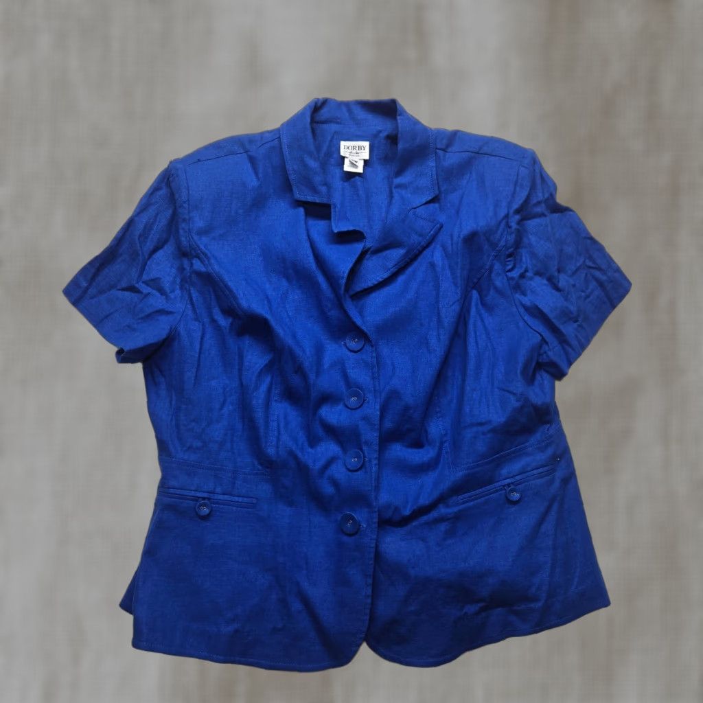 Vintage Miss Dorby Jacket Women 18 Blue Solid Short Sleeve 3/4 Shoulder Pads Button Basic Coat 90s Vintage No Size XXL / US 16-18 / IT 52-54 - 1 Thumbnail