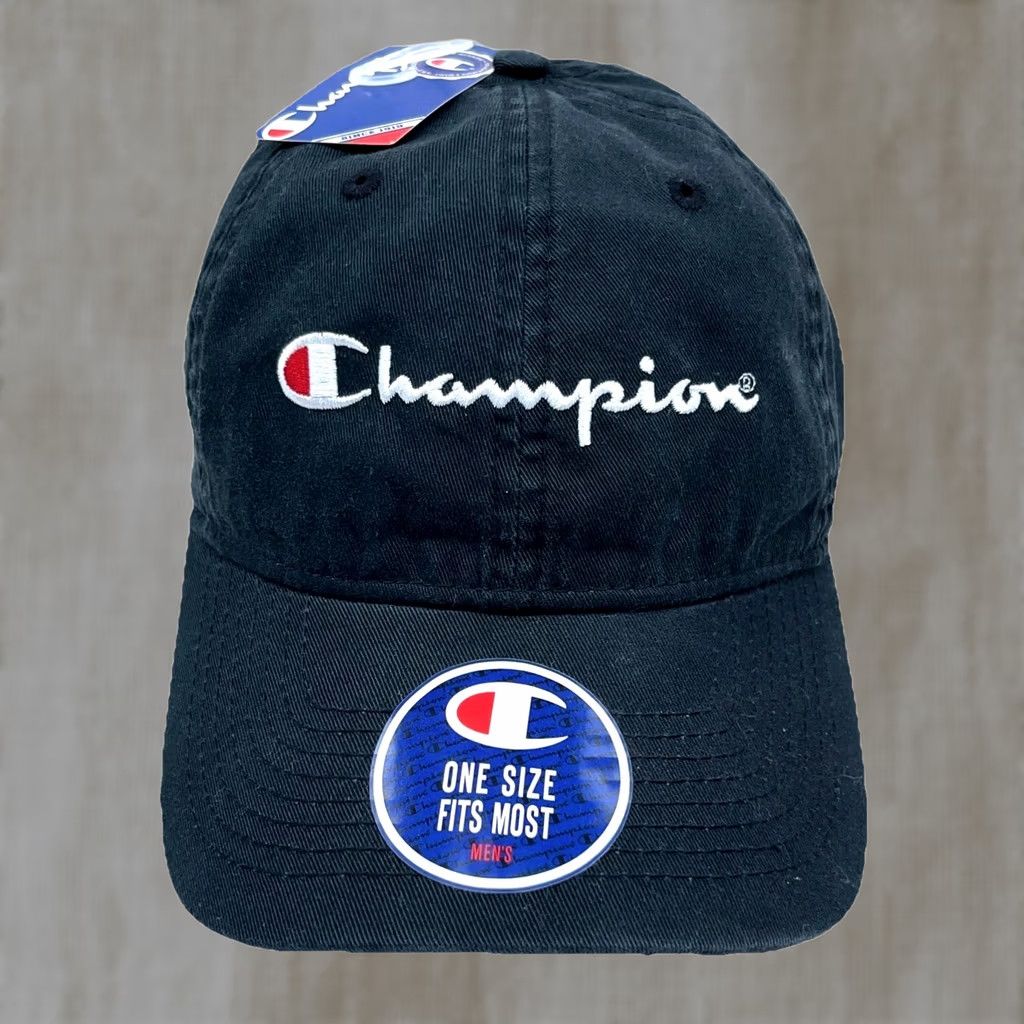 Champion Champion Hat Cap Strap Back Black White Spell Out Logo Gym Dad Baseball Adjust Size ONE SIZE - 1 Thumbnail