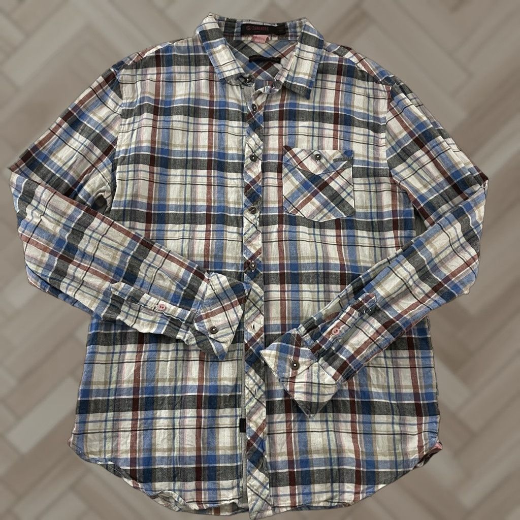 Zanerobe Zanerobe Plaid Long Sleeve Button Front Shirt Men's XL Beige Blue Size US XL / EU 56 / 4 - 1 Thumbnail