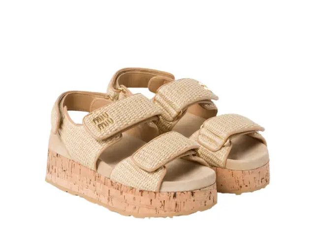 Miu Miu o1B3y1r0526 Fabric Wedge Sandals in Beige Size US 9 / IT 39 - 2 Thumbnail