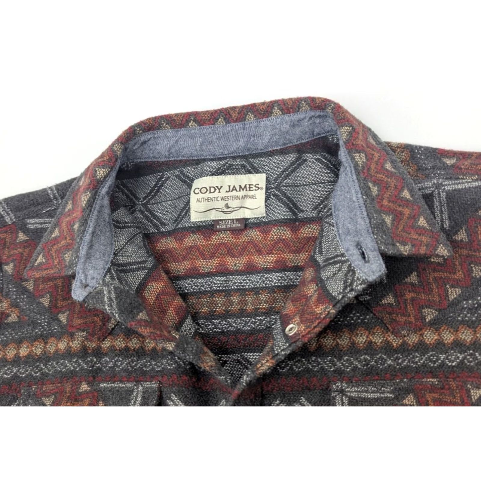 Cody James Cody James Shirt Mens L Southwestern Pearl Snap Long Sleeve Shacket Flannel Color: Gray Red Size US L / EU 52-54 / 3 - 7 Thumbnail