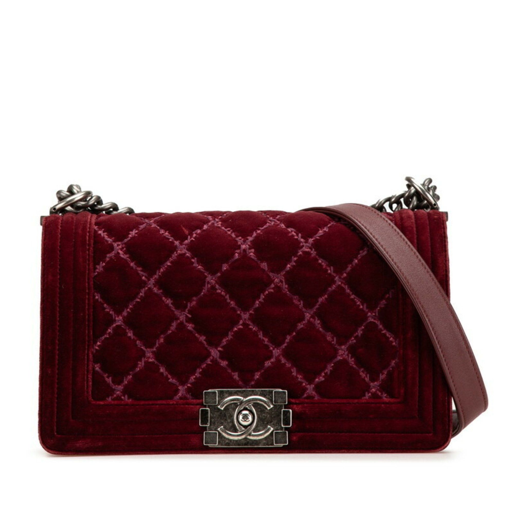 Chanel Boy 25 Coco Mark Chain Shoulder Bag Wine Red Velour Women's Chanel