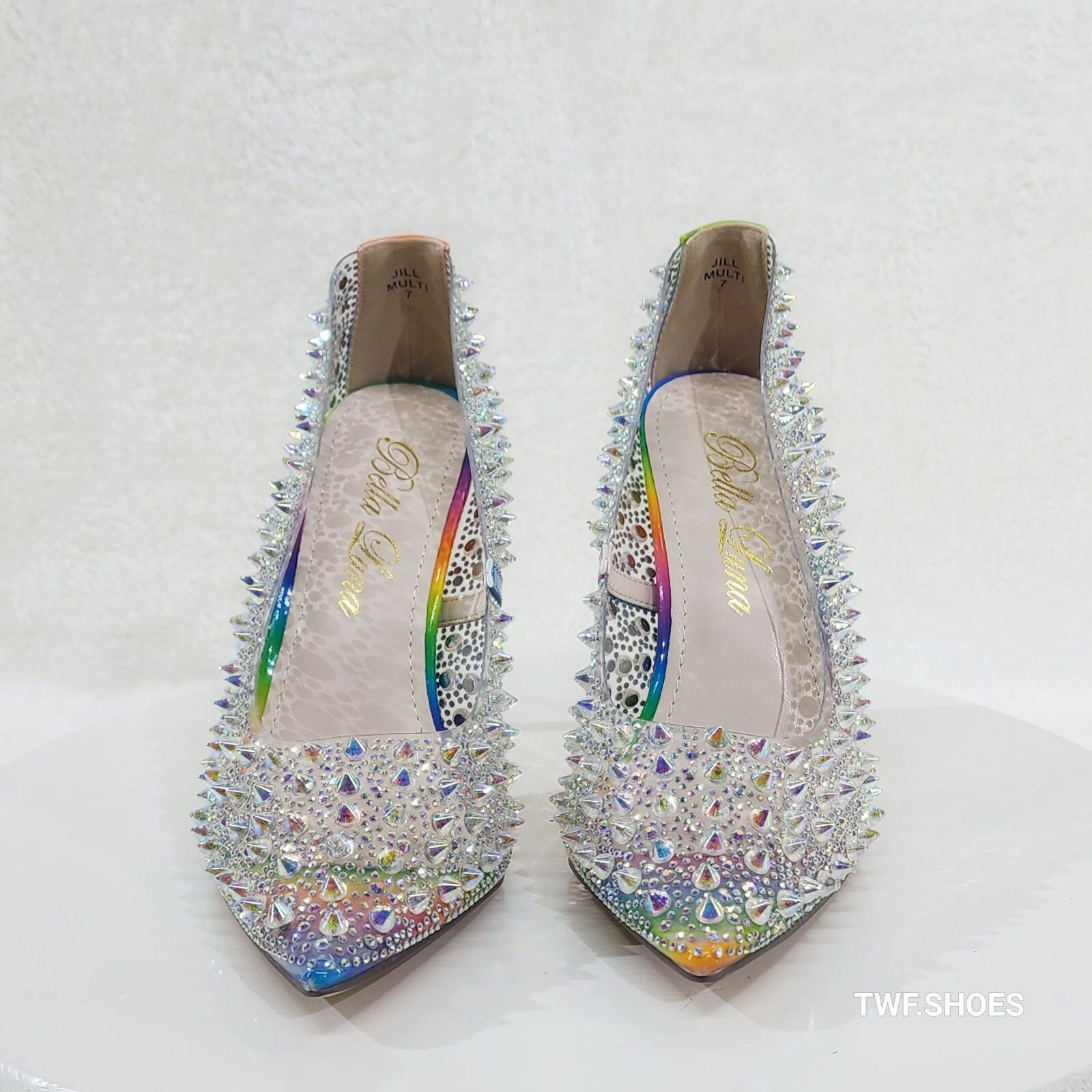Spicy Stiletto PVC Clear Pumps Rainbow Studs & Rhinestone Pu