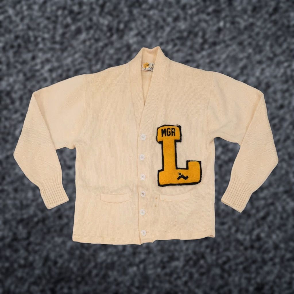 Vintage VINTAGE Puritan True VTG Letterman 60s High School Varsity Wool Cardigan M Ivory Patchwork Knit Wool Crew Neck Long Sleeve Size M / US 6-8 / IT 42-44 - 1 Thumbnail