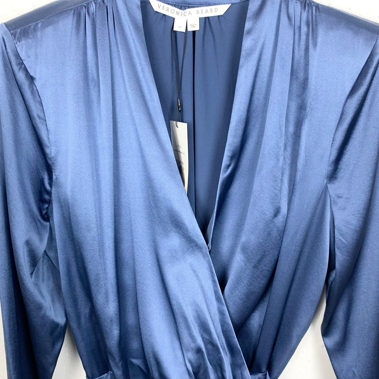 Veronica Beard Agatha Ruched Long Sleeve Silk Dress Blue 14