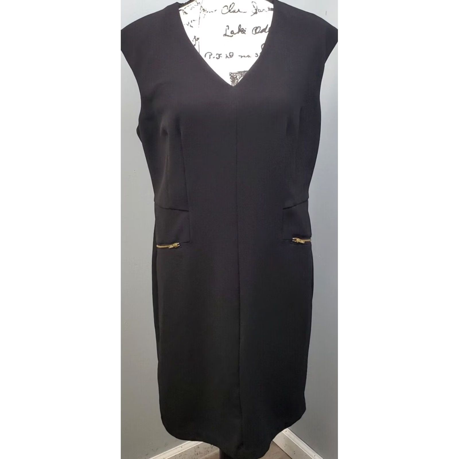 Vintage Emma & Michele Shift Dress Womens Size 12 Black Zipper Pockets Stretch Casual Midi Back Zip Sleeveless Cap Sleeve Vintage: No Size XL / US 12-14 / IT 48-50 - 2 Thumbnail