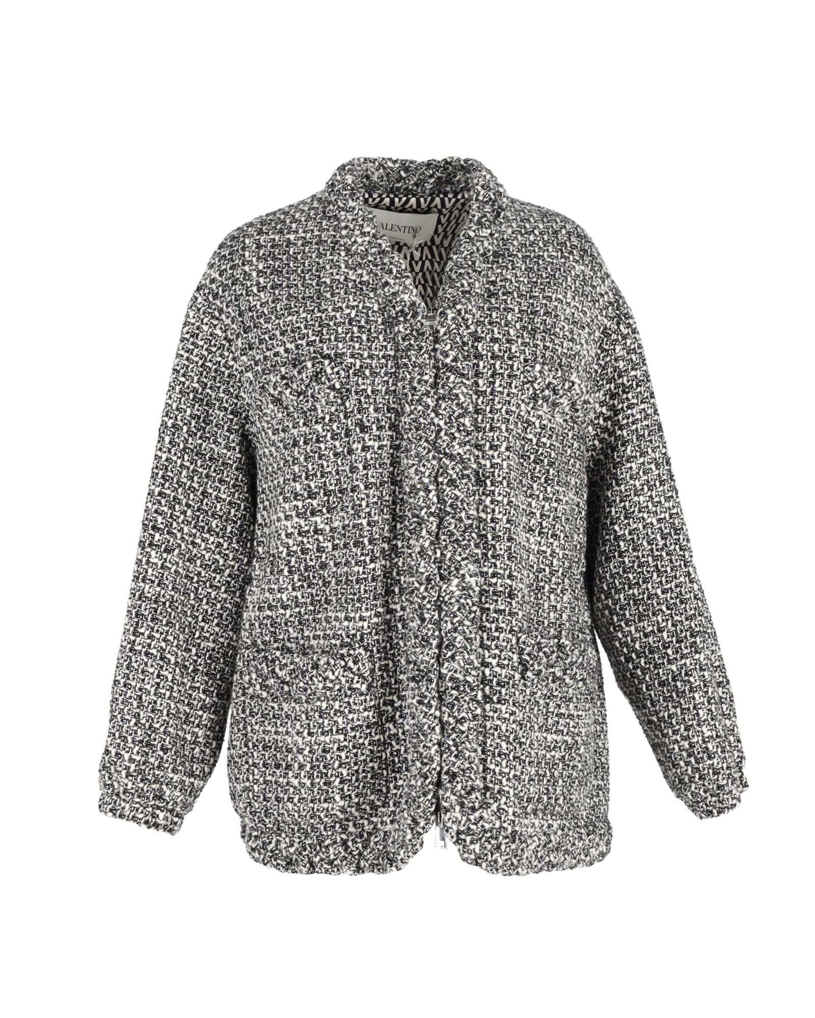image of Valentino Oversized Tweed Jacket In Black Wool, Women's (Size Medium)