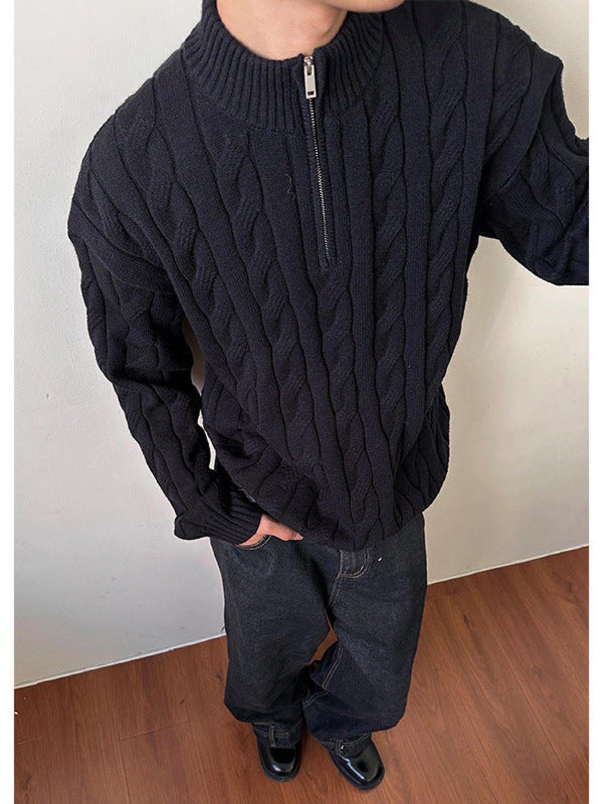 Other Beige Cable Knit Half Zip Sweater, Men's Cozy Knitwear Size US M / EU 48-50 / 2 - 6 Thumbnail