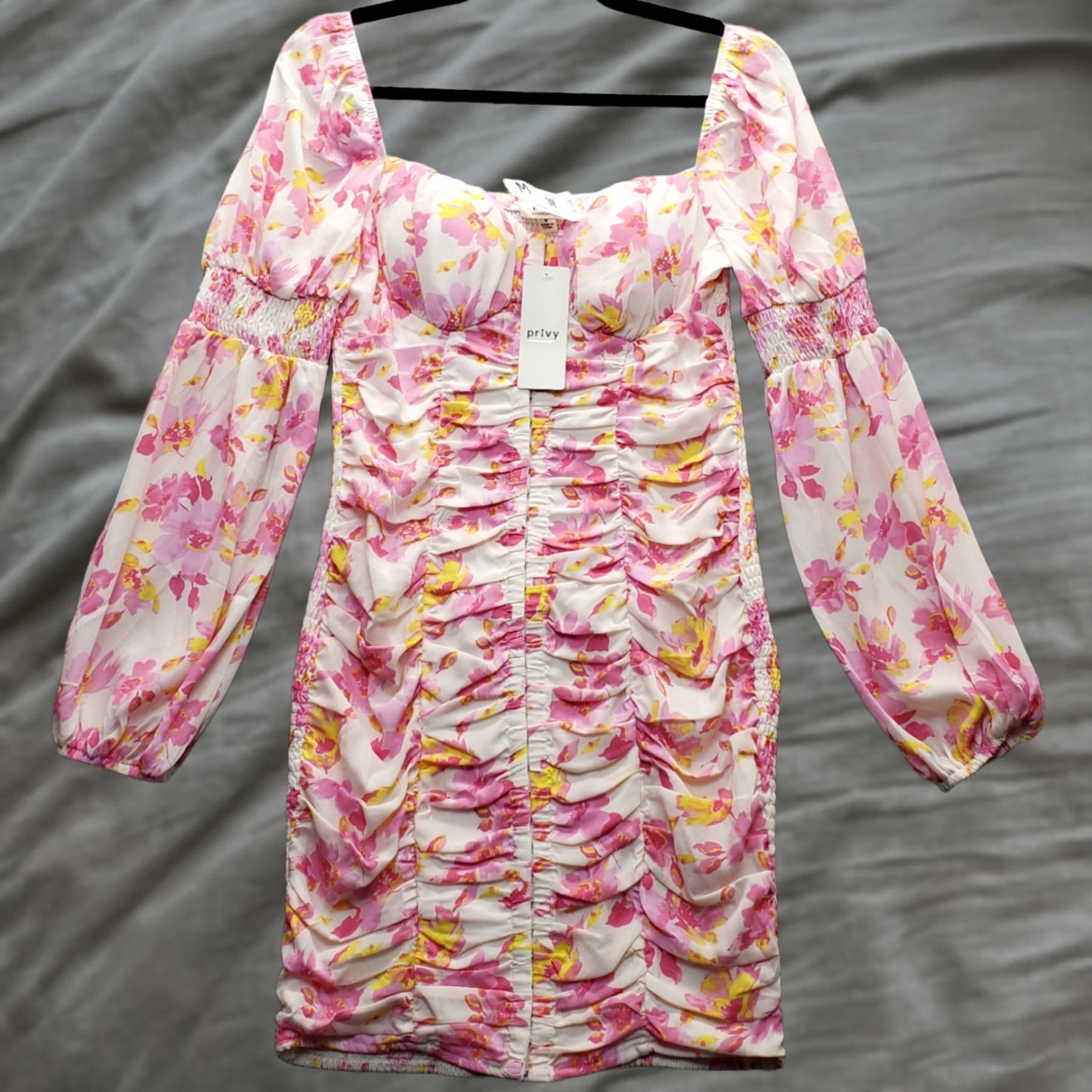 Vintage Privy Mini Dress Womens M Multi Floral Ruched Long Sleeve Back Hook & Eye Size M / US 6-8 / IT 42-44 - 1 Thumbnail