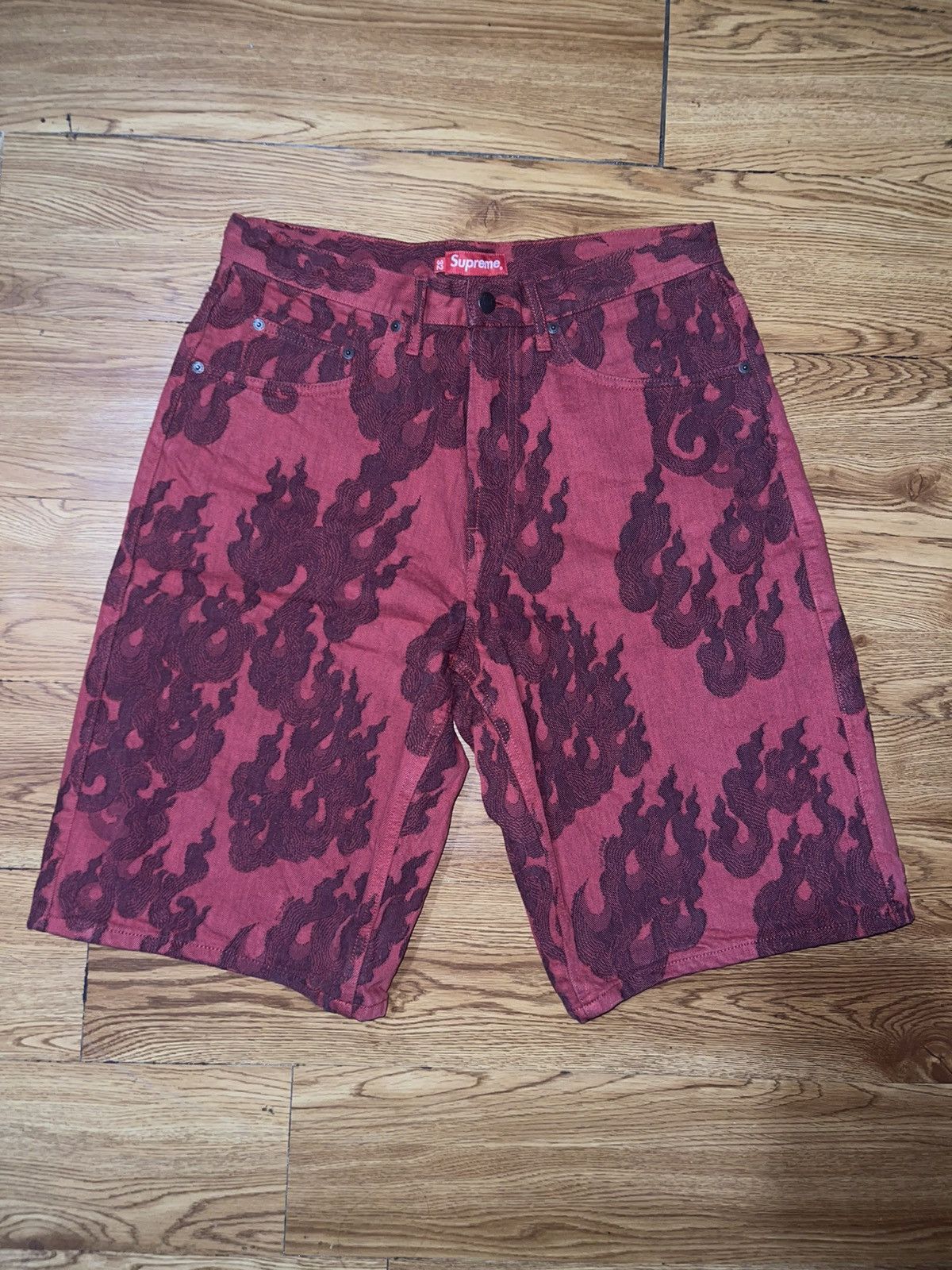 Supreme Flames Jacquard Baggy Denim Short Washed Red Size 32