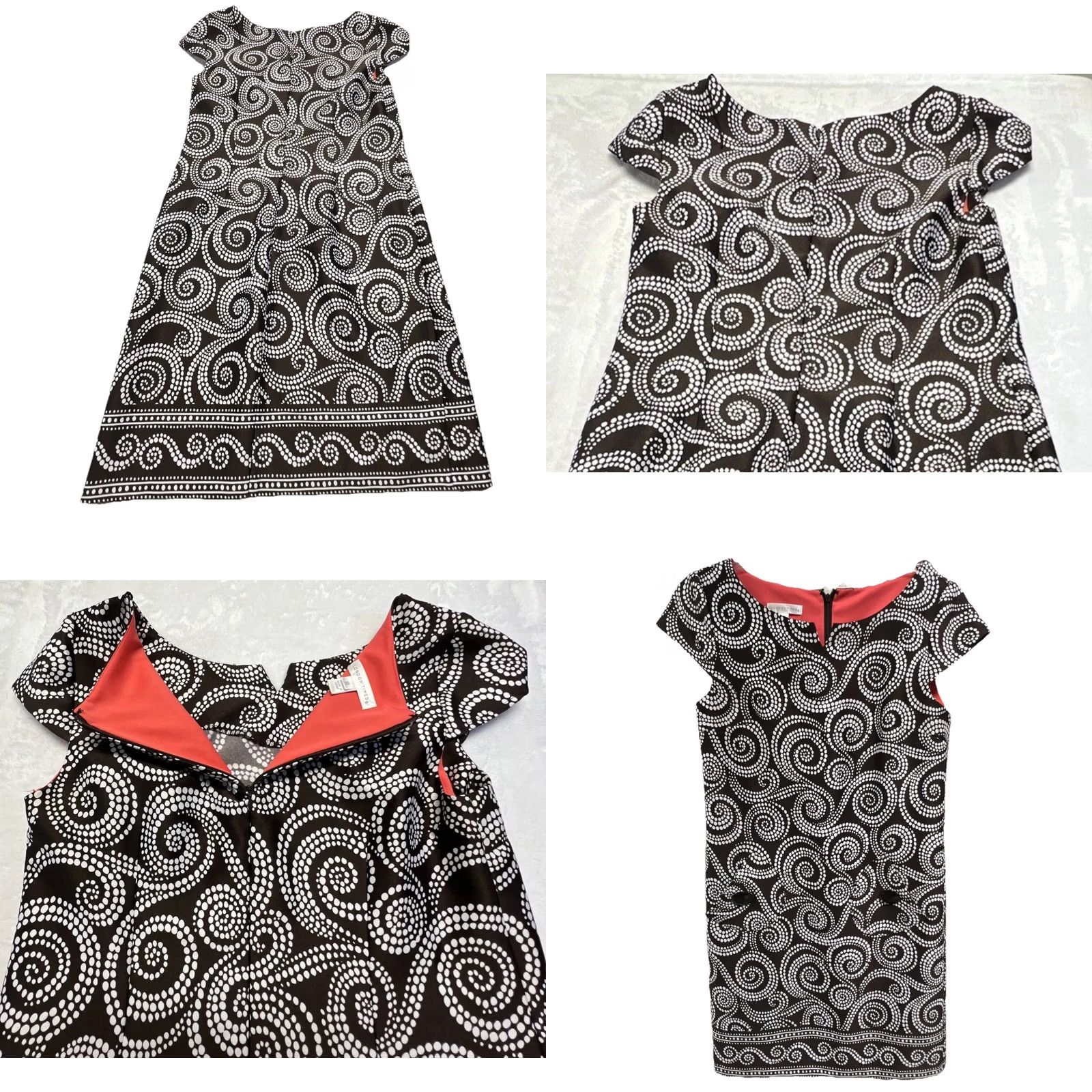 Vintage London Times Dress Womens 10 Black White Swirl Print A-Line Midi Cap Sleeve Round Neck Zip Lined Size L / US 10 / IT 46 - 9 Thumbnail
