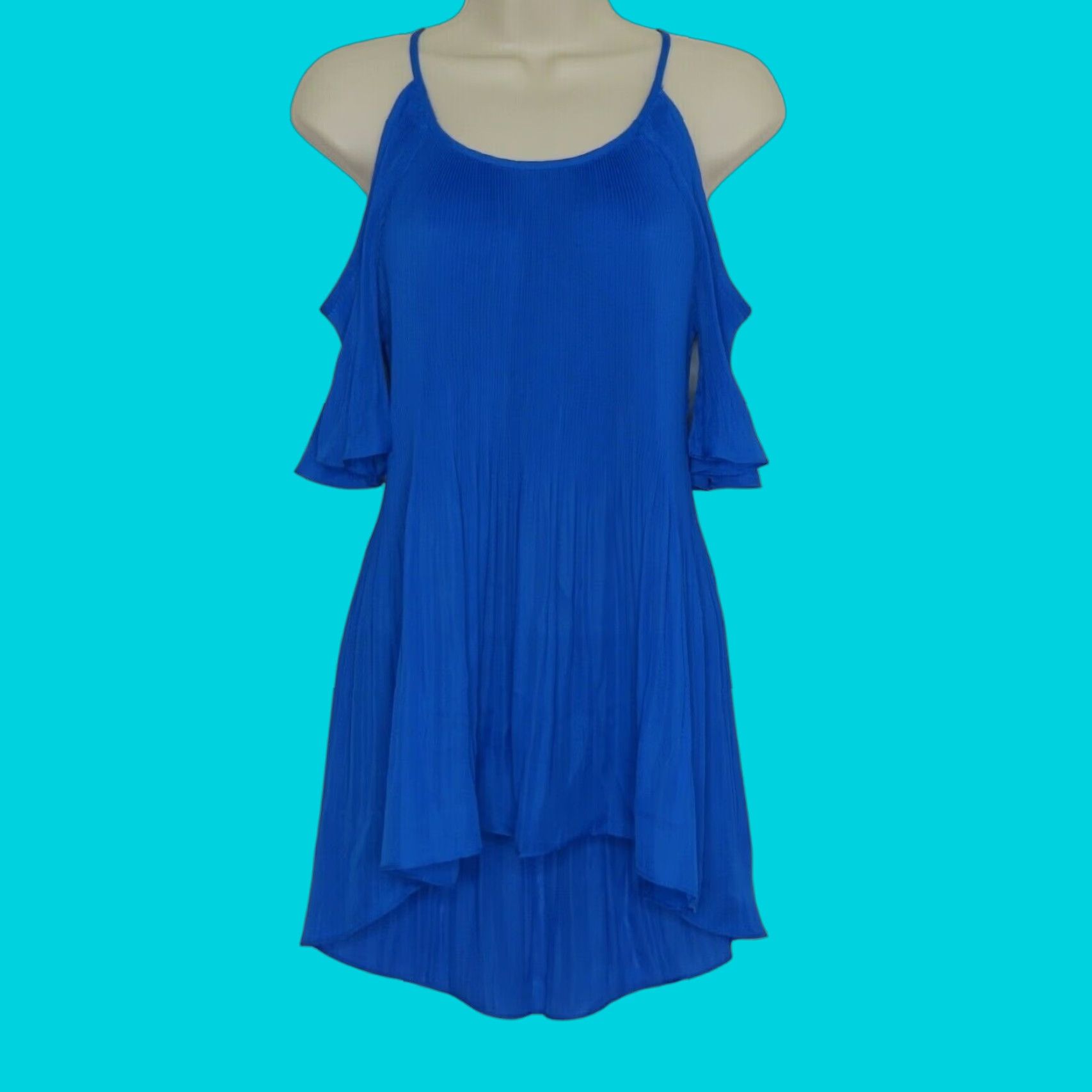 Vintage Spense Womens Medium Solid Blue Pleated Cold Shoulder Hi Low Blouse Shirt Work Size M / US 6-8 / IT 42-44 - 1 Thumbnail