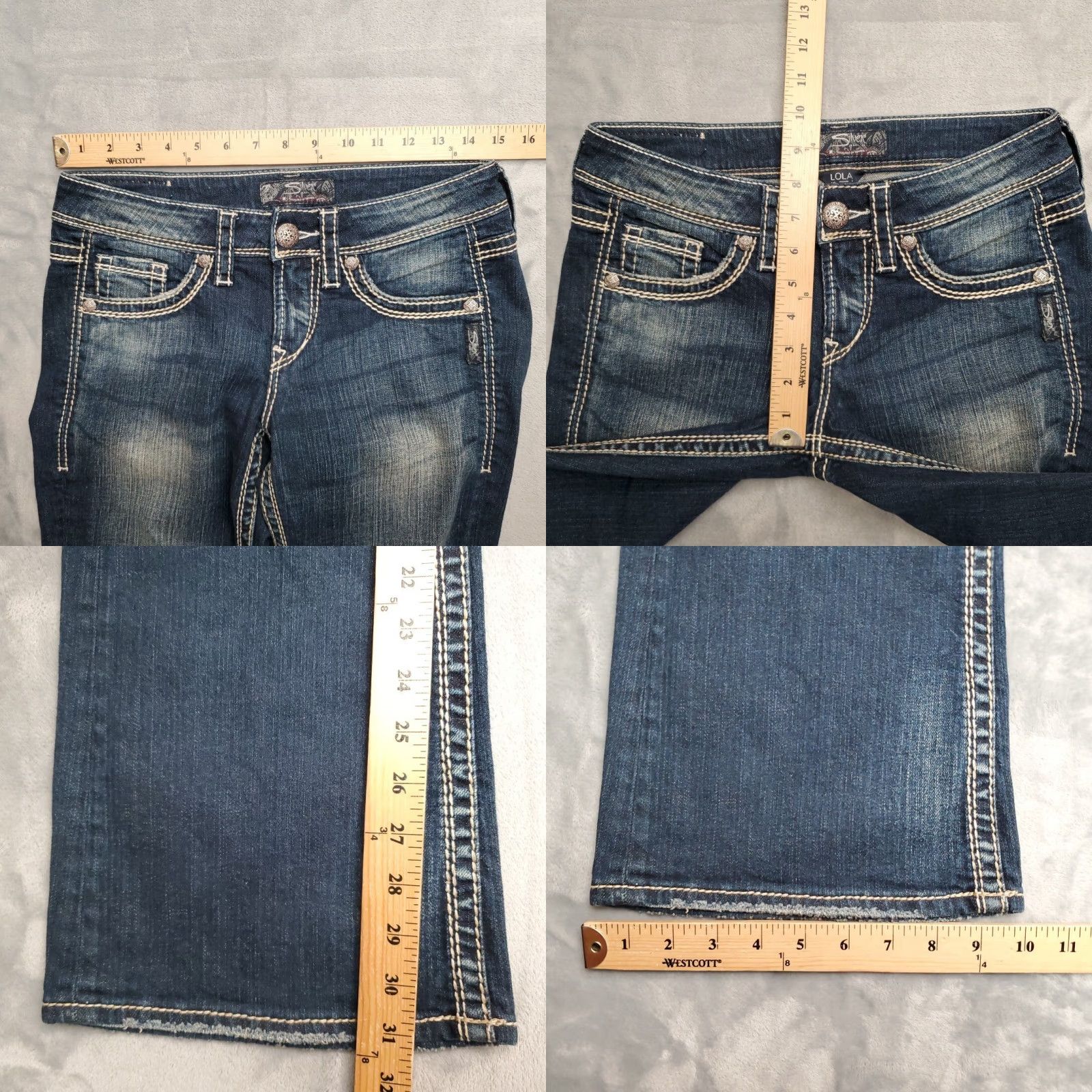 Silver Jeans Co. VINTAGE Silver Jeans Womens 26x31 Lola Bootcut Stretch Thick Stitch Cowboy Jeans Blue Solid Denim Inseam 31in Pockets Belt Loops Mens Women Girls Size 26" / US 2 / IT 38 - 9 Thumbnail