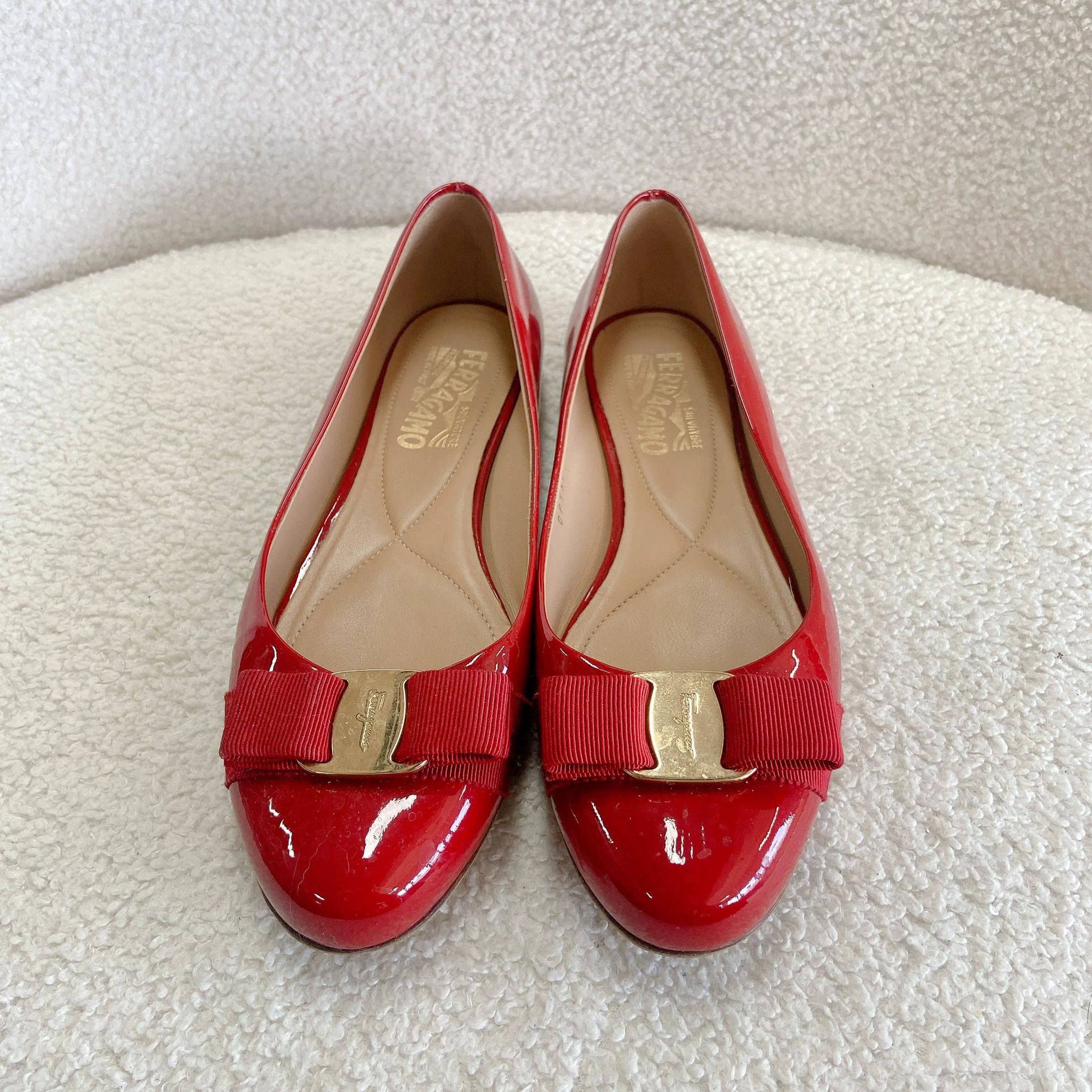 Salvatore Ferragamo Ferragamo Red Patent Leather Flats 37.5 0991 Size US 7 / IT 37 - 2 Thumbnail