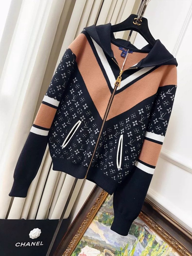 LOUIS VUITTON Black presbyopic color-block zip-up hooded wo