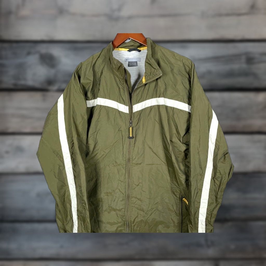 Nike VINTAGE Nike Windbreaker Jacket XL Olive Green Gray Stripe Lined Adult Mens Zip Full Zip Pockets 90s Hip Hop Retro Size US XL / EU 56 / 4 - 1 Thumbnail