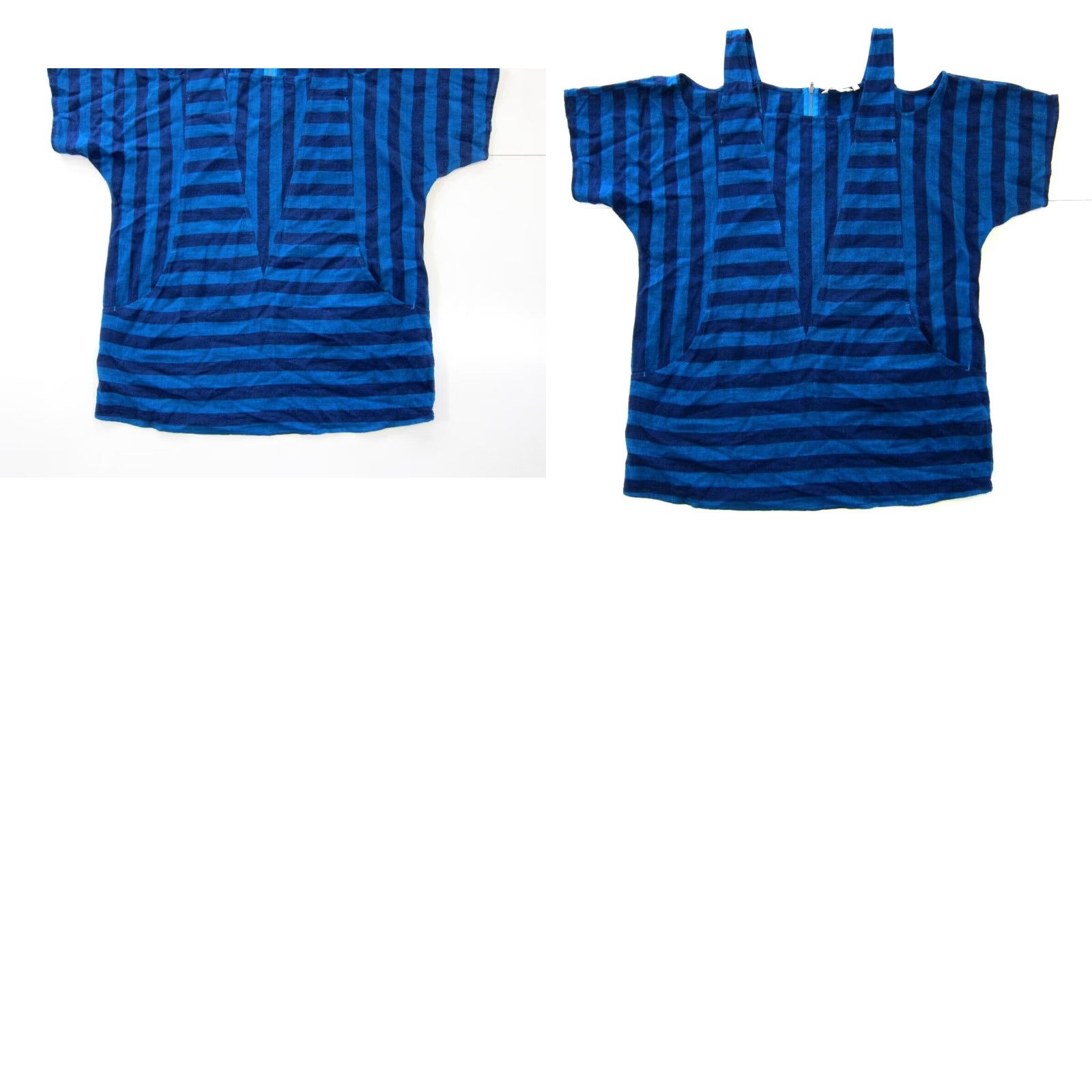 Soft Surroundings VINTAGE Soft Surroundings Linen Blue Stripe Boxy Peep Shoulder Tunic Pocket Blouse Large Size L / US 10 / IT 46 - 8 Thumbnail