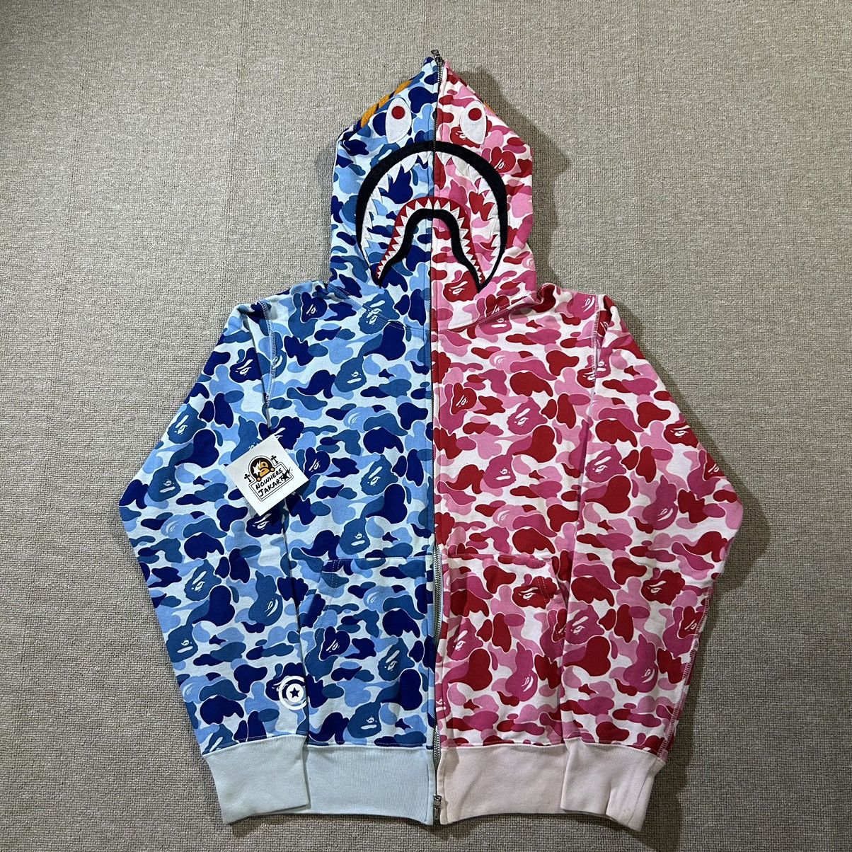 image of Bape Abc Camo Shark Split Half Full Zip Hoodie in Pink, Men's (Size Medium)