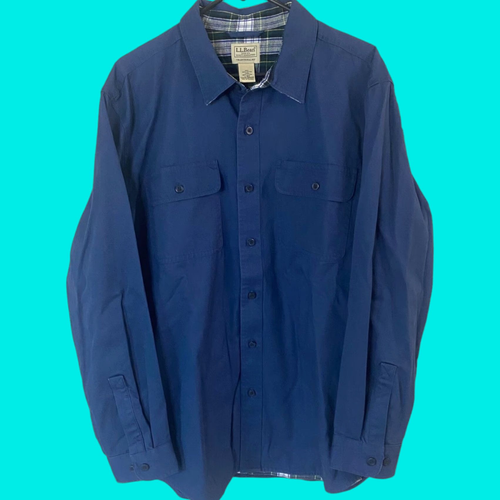 Vintage L.L. Bean Button-Up Work Shirt Shacket Mens Large Blue Plaid Lined Heavyweight Cotton Flannel Shirt Jacket Size US L / EU 52-54 / 3 - 1 Thumbnail