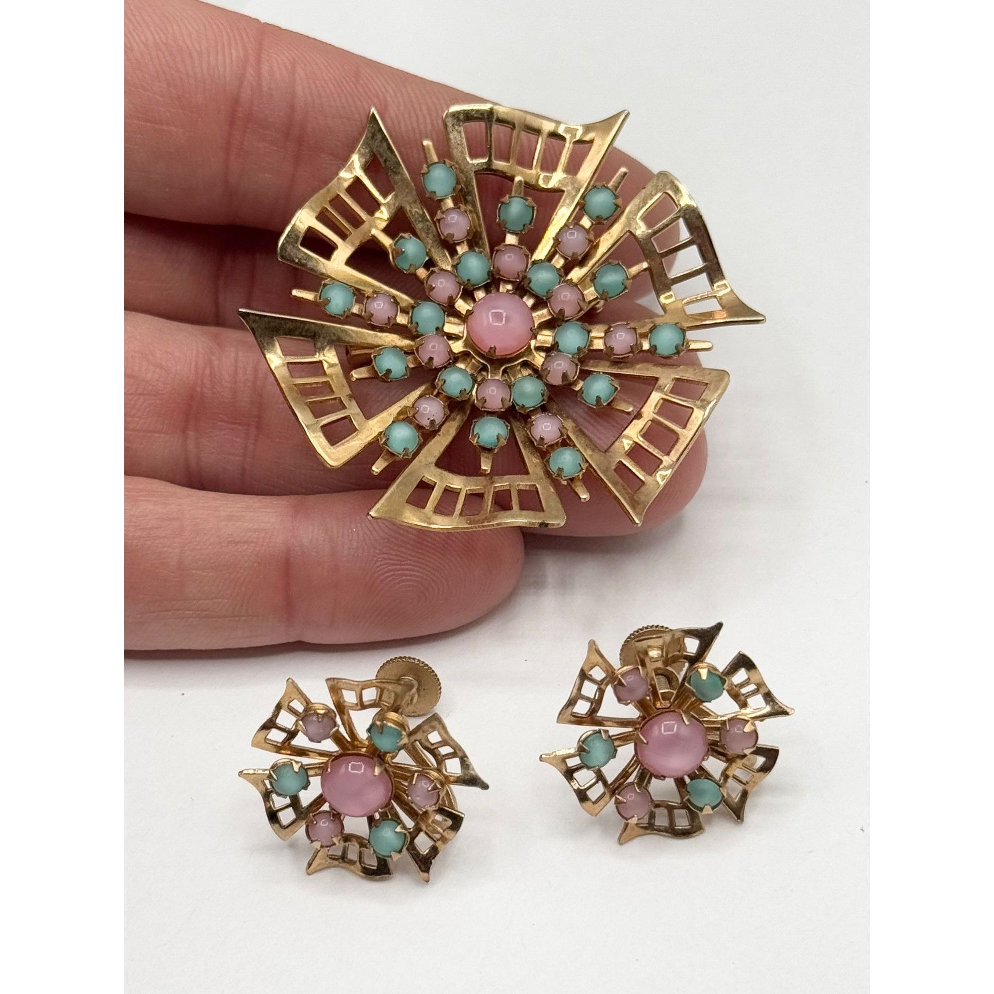 Vintage Vintage pink and blue glass filigree flower brooch pin and e Size ONE SIZE - 4 Thumbnail