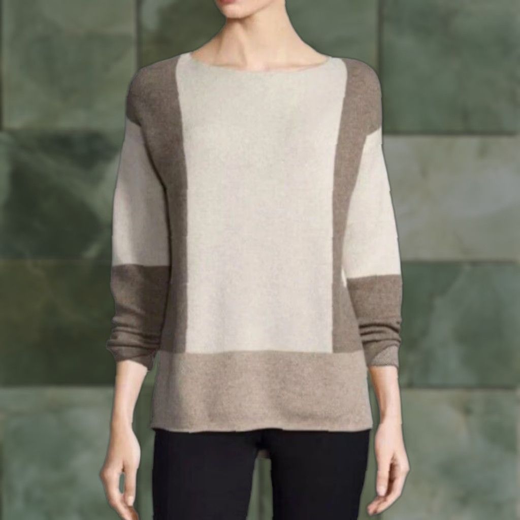 Vince Vince Sweater Wool/Cashmere Blend Intarsia Colorblock Brown Tan S Womens Pullover Office Designer Classic Modern Size S / US 4 / IT 40 - 1 Thumbnail