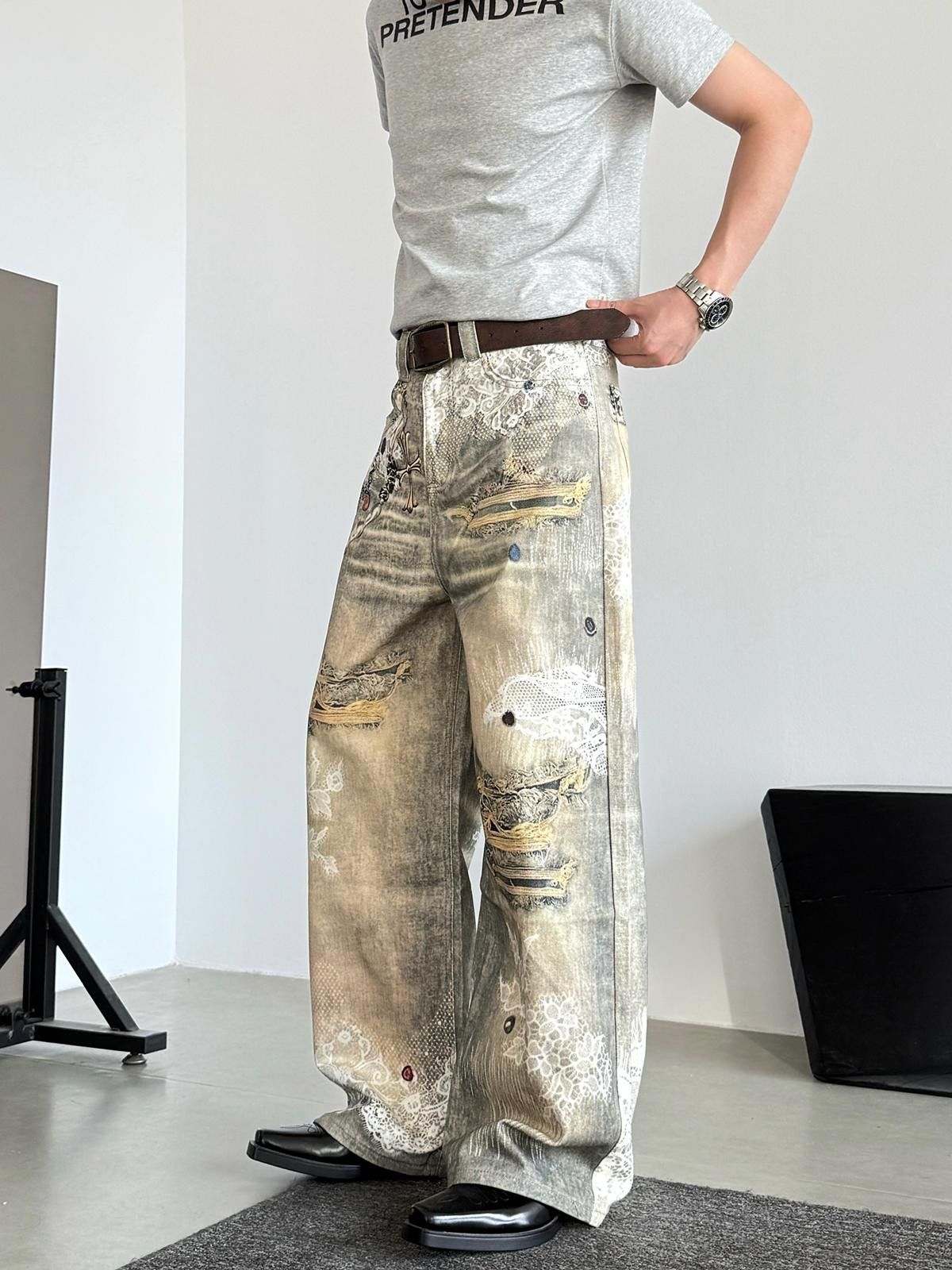 Other Painted Distressed Ripped Wide Leg Loose Jeans Size US 32 / EU 48 - 2 Thumbnail