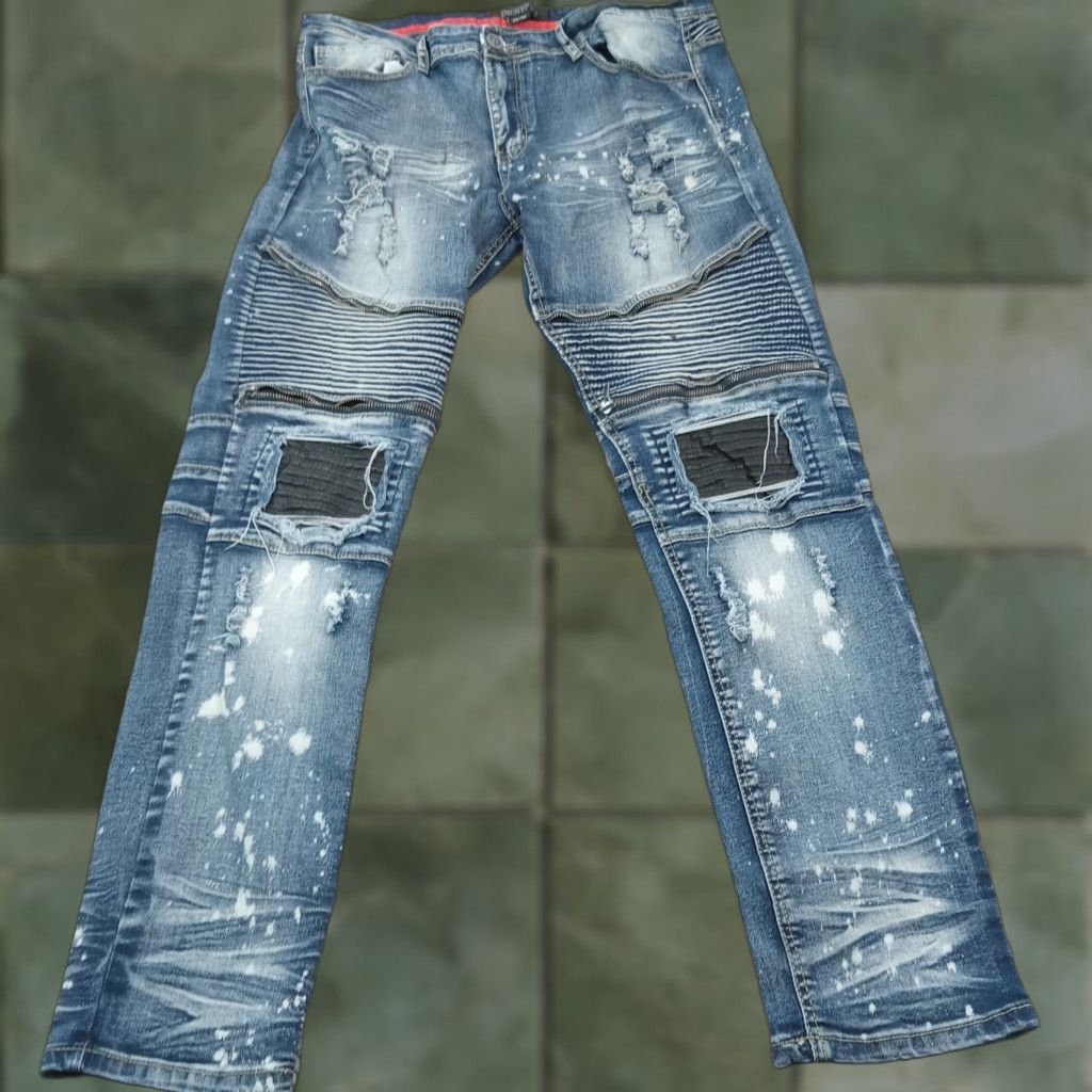 Vintage Encryptd Jeans Mens 36x30 Blue Moto Skinny Leg Paint Splatter Stretch Distressed Size US 36 / EU 52 - 1 Thumbnail