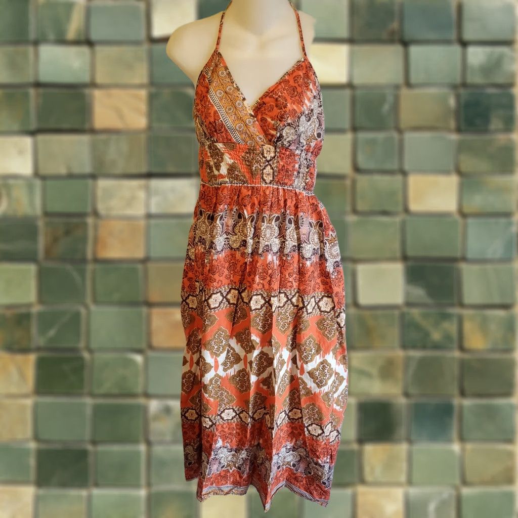 Vintage VINTAGE She's Cool Batik Print Maxi Halter Dress L Orange Brown Boho Hippie Summer Womens Size L / US 10 / IT 46 - 1 Thumbnail