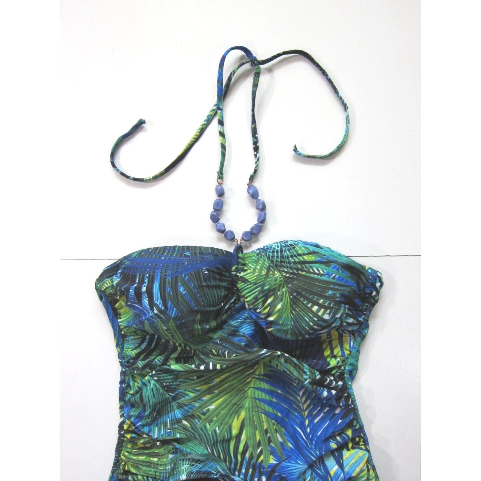 Chaps Chaps Ralph Lauren Green Blue Floral Beaded Halter One Piece Swimsuit Women 8/L Size ONE SIZE - 3 Thumbnail