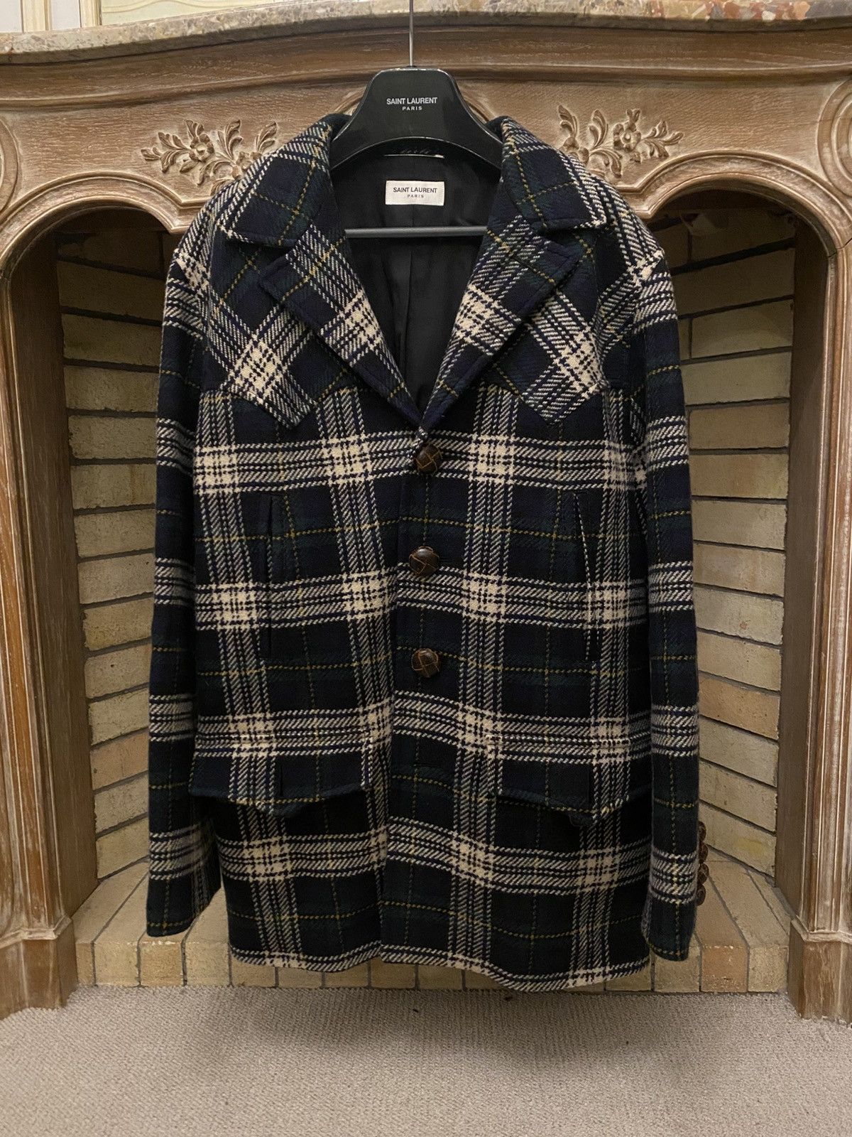 Saint Laurent Paris Saint Laurent Tartan Navy Green Coat Size US M / EU 48-50 / 2 - 1 Thumbnail