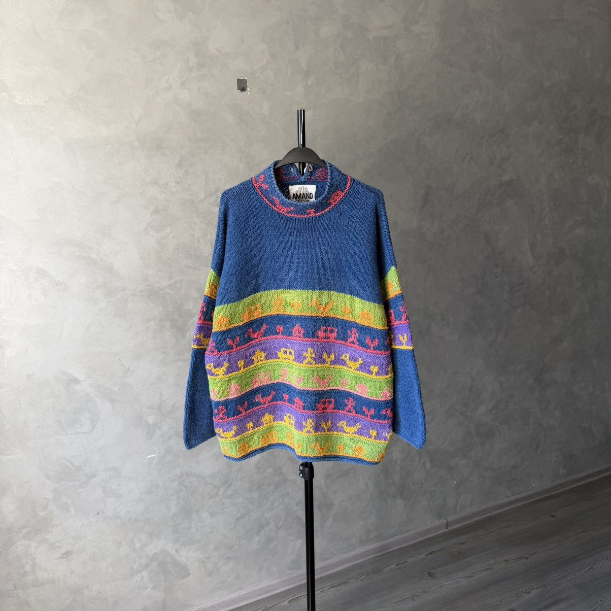 Handmade Amano Mock Neck Folklore Patterned Knit sweater Size US M / EU 48-50 / 2 - 1 Thumbnail