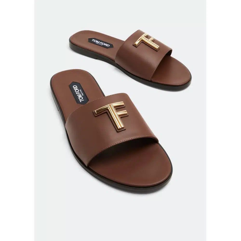 Tom Ford o1loc1c0525 J1430 Brighton Smooth Leather Slides in Brown Size US 7 / EU 40 - 2 Thumbnail